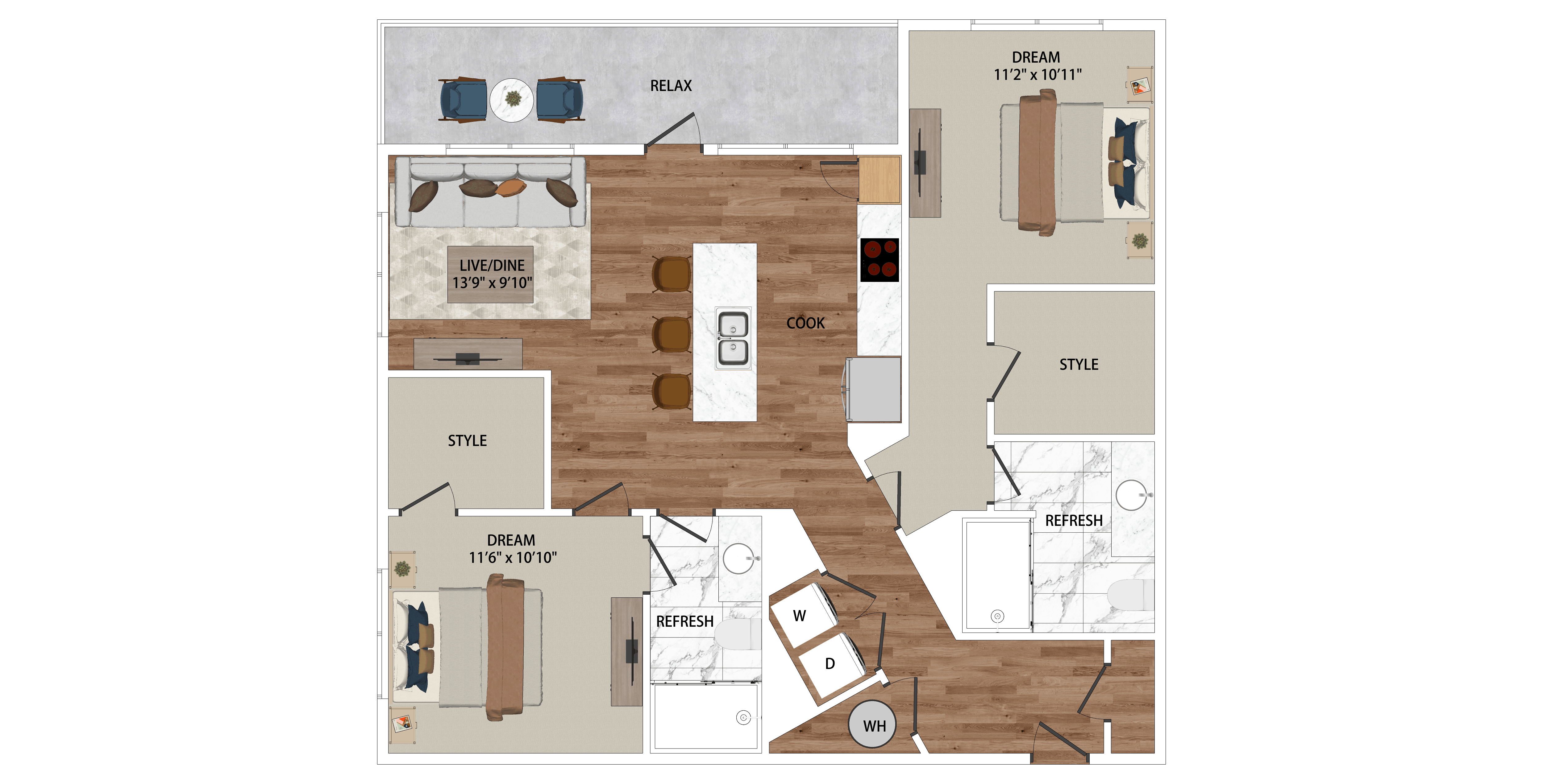 Floor plan for 2 beds, 2 baths, 1093 sqft